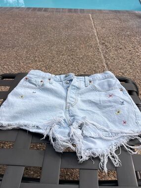 Levi's Light Blue Embroidered Frayed Denim Shorts
